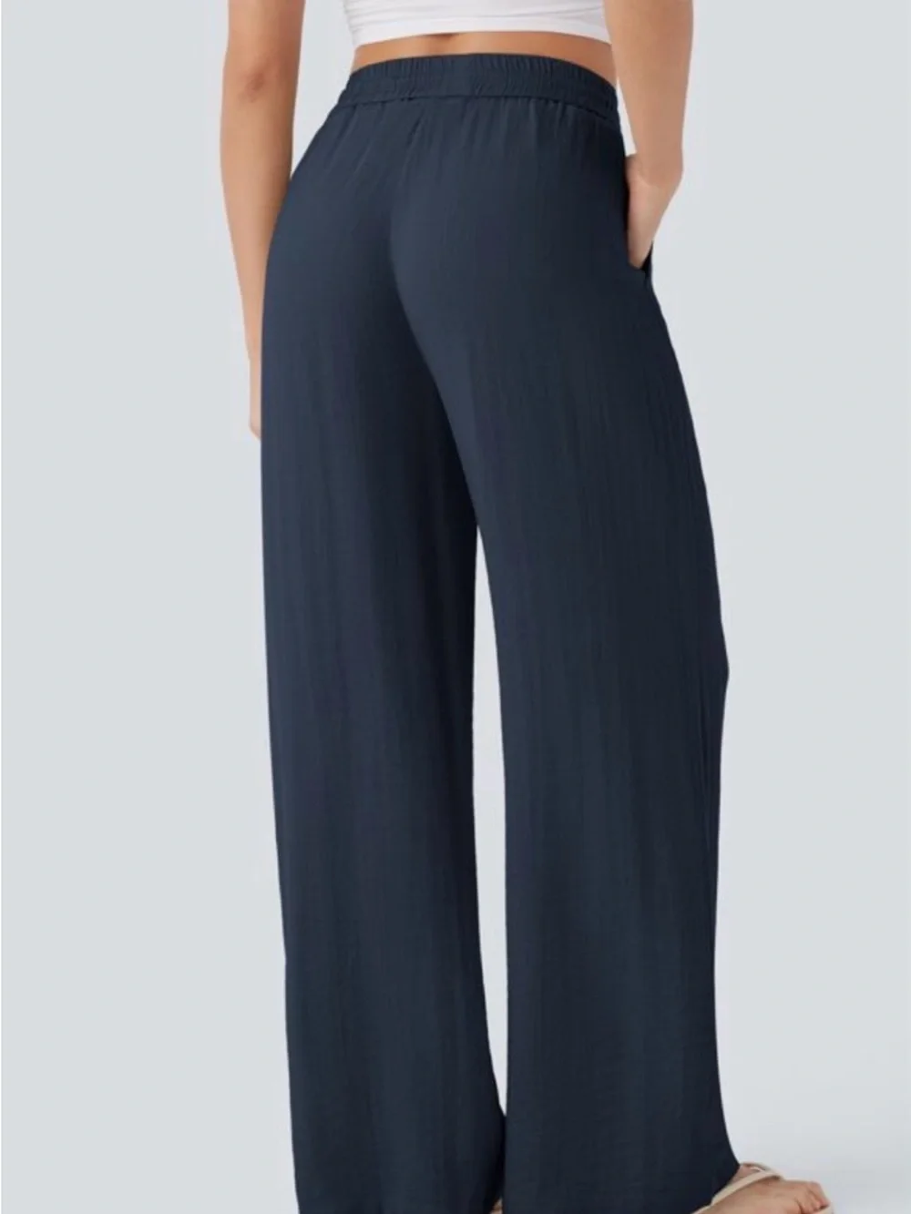 Halara High Waisted Drawstring Pocket Wide Leg Casual Linen-Feel Pants - Picture 2 of 3